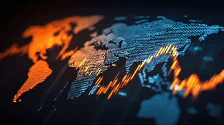 Explore a dynamic digital visualization of a world map featuring vibrant orange and blue highlights, illustrating global financial data and market trends effectively.の素材