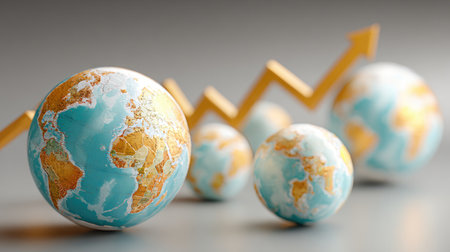 An elegant composition featuring globes representing the world with a rising growth chart, symbolizing global economic prosperity and business advancement.の素材