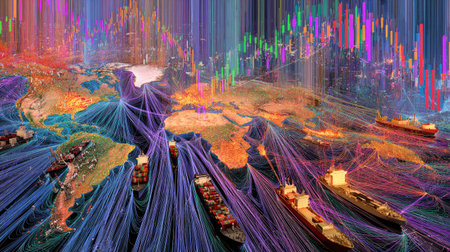 This striking visualization showcases global trade routes, featuring colorful shipping channels and data analytics over an artistic world map, symbolizing modern economic dynamics.の素材