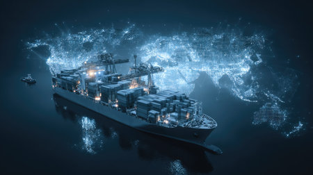 A futuristic cargo ship navigates through a digital ocean, with a glowing world map in the background, illustrating the essence of global trading and shipping connections.の素材