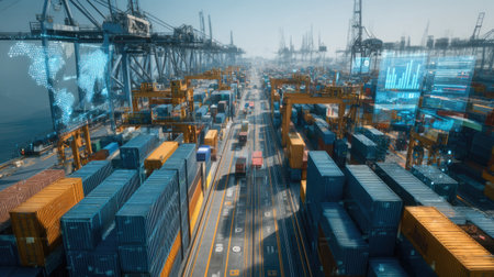 A vibrant aerial perspective of a modern shipping port filled with stacked containers, showcasing logistics technology and the complexity of global trade operations.の素材