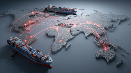 This image illustrates global trade dynamics with ships transporting containers, showcasing a world map and connections that symbolize international trade relationships.の素材