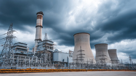 An industrial power plant features large cooling towers and electric lines against a dramatic stormy sky, showcasing the intersection of technology and nature in energy production.の素材