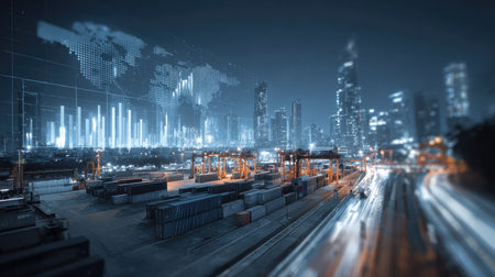 Capture of a vibrant urban night scene featuring cargo containers and a glowing city skyline. Digital map projection enhances the dynamic atmosphere of logistics and technology.の素材