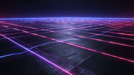 A stunning neon grid landscape features vibrant glowing lines against a dark backdrop, creating an abstract and futuristic atmosphere for digital artwork.の素材