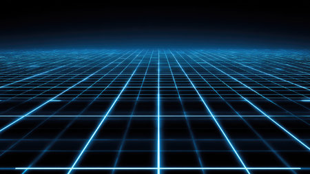 A striking digital grid landscape featuring luminous blue lines against a dark background. Ideal for creative projects, visual designs, and futuristic themes.の素材