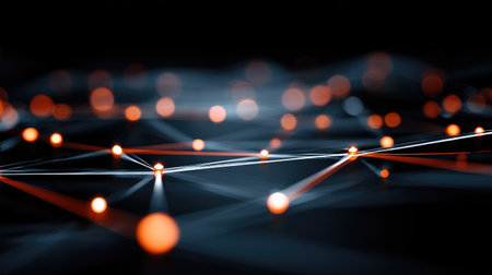 This image showcases an abstract arrangement of nodes and lines glowing in vibrant colors, representing digital networks and connections in a dark environment.の素材