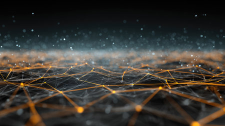 This captivating abstract image showcases a network of connections illuminated by light particles, set against a gradient background, symbolizing modern technology and data flow.の素材