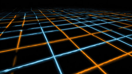 This striking image features a vibrant neon grid pattern in blue and orange hues set against a black background. Perfect for technology, digital art, or creative projects.の素材
