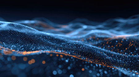 This captivating abstract image features digital wave forms adorned with sparkling particles, conveying a sense of depth and innovation in a modern, tech-inspired setting.の素材