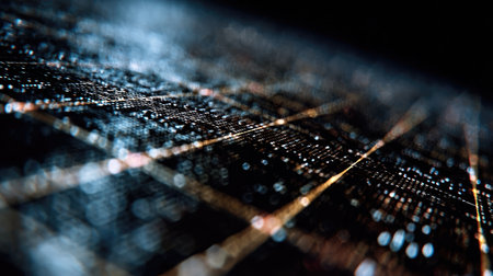 This abstract image features illuminated grid lines set against a dark background, symbolizing the intersection of digital technology, data visualization, and modern design.の素材