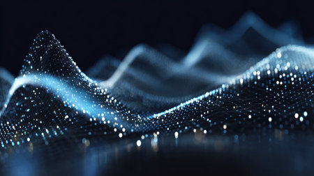 Immerse yourself in this abstract representation of digital waves featuring stunning lights and particles that evoke a sense of innovation and futuristic design.の素材