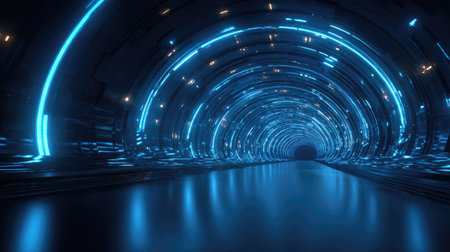 Experience a captivating futuristic tunnel illuminated by vibrant blue neon lights, perfect for showcasing innovative technology or exploring digital worlds.の素材