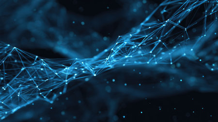 This captivating abstract image showcases glowing blue lines and dots that symbolize intricate data connections, set against a dark backdrop. Perfect for technology themes.の素材