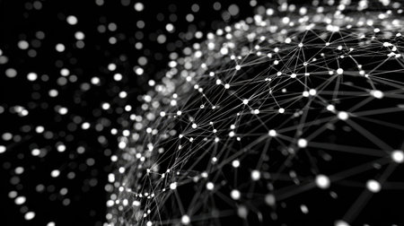 This abstract image showcases an intricate mesh of interconnected nodes and lines, symbolizing the complex relationships within digital networks against a dark background.の素材