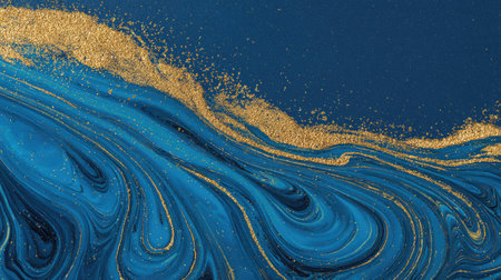 This stunning abstract design features elegant blue and gold flowing waves with sparkling glitter details, perfect for a modern artistic backdrop or decoration.の素材