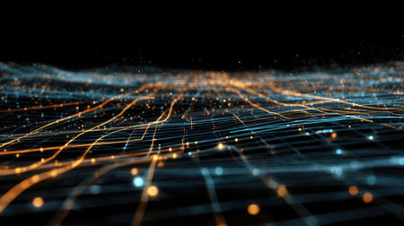 An abstract visual of digital waves illuminated by glowing particles, representing technology and innovation in a captivating virtual space for creativity and inspiration.の素材