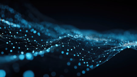 This captivating abstract image features dynamic glowing particles and interconnected nodes, creating a sense of depth in a futuristic digital landscape, ideal for technology themes.の素材