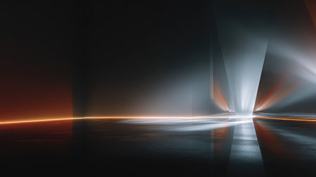 This abstract image features light rays cutting through a dark space, creating an intriguing and dynamic atmosphere, perfect for modern design and artistic projects.の素材