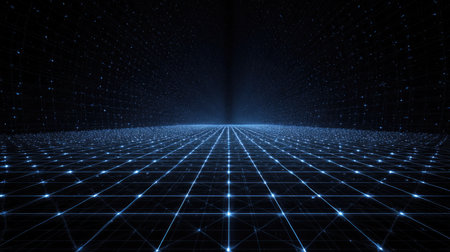 Explore a mesmerizing digital grid filled with luminous points in a dark backdrop, exuding a sense of modern technology and infinite possibilities. Ideal for innovation themes.の素材