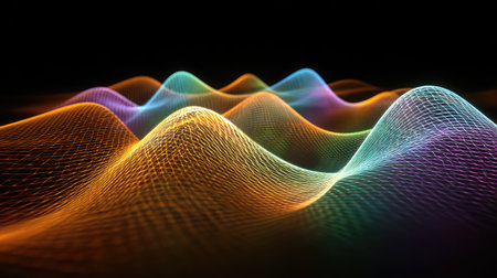 This stunning abstract image showcases colorful wave patterns in a dynamic 3D space, representing sound frequencies and vibrations with fluid motion and bright light effects.の素材
