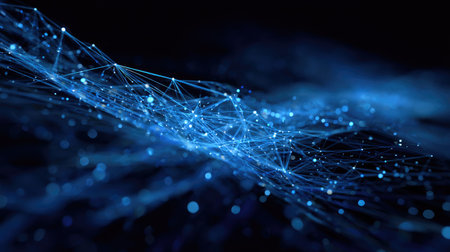 A mesmerizing abstract image showcasing a blue digital wave with glowing nodes and connections, representing advanced technology and network data visualization against a dark background.の素材