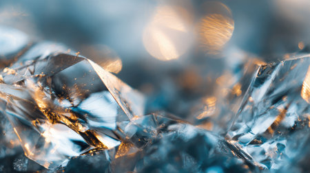 Enchanting close-up of sparkling crystals showcasing their intricate facets and reflective surfaces, creating a dreamy atmosphere with bokeh background effects.の素材