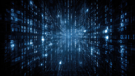 Futuristic digital background featuring luminous blue binary digits in a flowing pattern, ideal for projects involving technology, data processing, and innovation themes.の素材