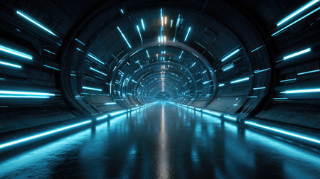 Explore a stunning futuristic corridor with vibrant neon lights reflecting off a sleek floor. This high-tech environment captures the essence of sci-fi aesthetics.の素材