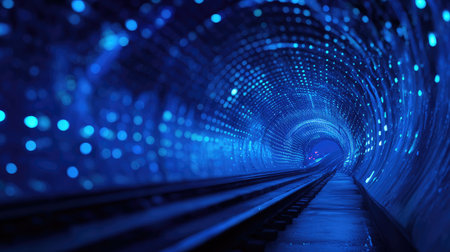 Dive into a mesmerizing blue tunnel filled with sparkling lights and sleek tracks, evoking a sense of wonder and the promise of exploration in a modern world.の素材