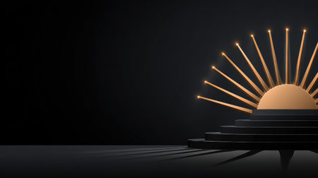 A stunning minimalist display featuring a golden sun with radiant rays on a sleek black background, perfect for showcasing elegance and contemporary style in design.の素材
