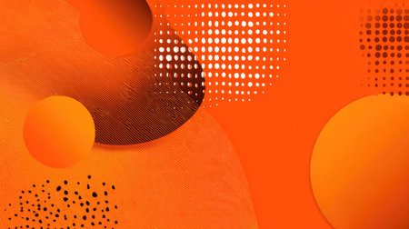 This striking abstract background features a blend of vibrant orange shades, modern shapes, and playful textures. Ideal for creative design projects and wallpapers.の素材