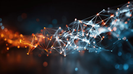 This image features an abstract digital network with glowing nodes and luminous lines, creating a vibrant interplay of orange and blue tones against a dark background.の素材