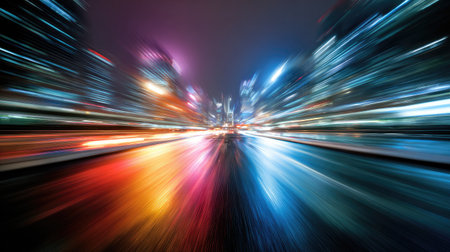 Experience the dynamic energy of a vibrant urban nightscape marked by colorful city lights and reflections on wet pavement, capturing the essence of city life.の素材