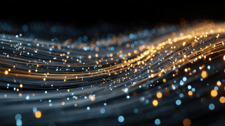 This captivating image features a mesmerizing array of glowing light particles flowing smoothly in blue and orange tones, creating a high-tech feel ideal for digital projects.の素材