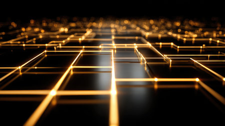 A captivating abstract image featuring a grid of glowing golden lines on a dark background, evoking a sense of modern technology and creativity. Perfect for various design projects.の素材
