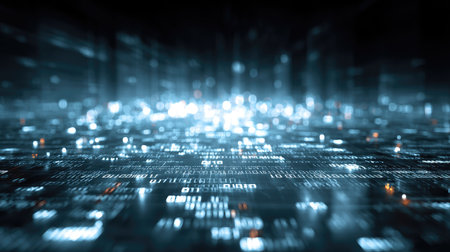 This captivating image features a dynamic stream of data illuminated by soft glows, representing the intersection of technology and information in a modern digital landscape.の素材