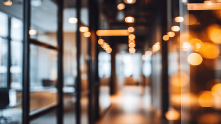 A blurred view of a modern office hallway featuring warm ambient lighting and contemporary design elements, perfect for conveying a professional atmosphere.の素材