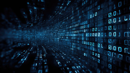 Explore the mesmerizing world of digital technology with this abstract background featuring glowing binary code streams, perfect for innovative data-themed projects.の素材