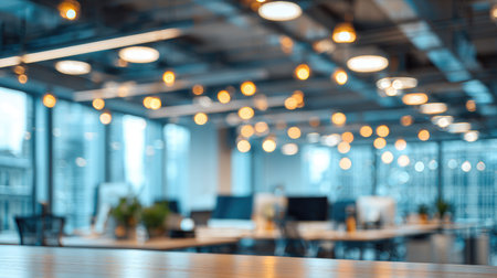 A modern office space featuring warm lighting and a blurred background, creating a cozy and inviting atmosphere ideal for productivity and innovation.の素材