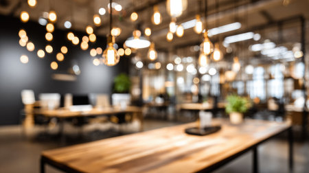 A modern office interior showcases a stylish design featuring warm lighting, wooden tables, and greenery, creating an inviting atmosphere for colleagues and clients.の素材
