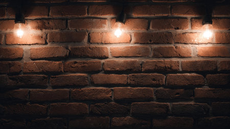 This image features a rustic brick wall adorned with warm vintage light bulbs, creating a cozy and inviting atmosphere perfect for home decor or creative projects.の素材