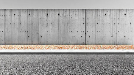 This black and white photograph features a minimalist urban landscape with a concrete wall, pebble pathway, and asphalt road, ideal for architectural and design use.の素材