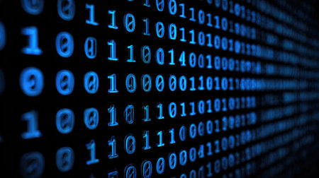 Digital representation of binary code in bright blue shades, set against a dark backdrop, symbolizing modern technology, data, and programming principles in a striking visual identity.の素材