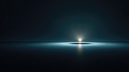 This captivating image features a tranquil night scene where a radiant light shines on calm waters, creating a mesmerizing reflection. The minimalist atmosphere evokes serenity and mystery.の素材