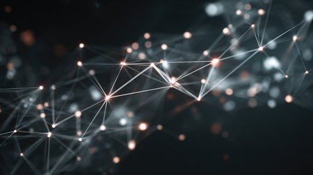 This abstract image showcases a digital network with glowing nodes and connecting lines against a dark backdrop, symbolizing innovation and technology.の素材