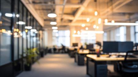 A modern office space showcasing stylized desks with computer setups and warm lighting, creating a professional environment for productivity and collaboration.の素材