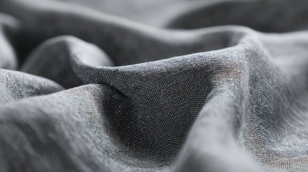 A close-up view of a soft gray fabric with flowing wrinkles and a smooth texture. Perfect for creative projects, fashion design, interiors, and artistic expressions.の素材