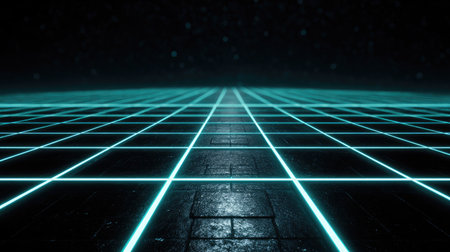 A striking representation of a neon grid landscape, featuring glowing lines against a dark background, ideal for digital art and technology projects.の素材