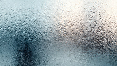 This image captures the intricate details of water droplets on a foggy glass surface, creating a soothing and serene background ideal for various creative projects.の素材